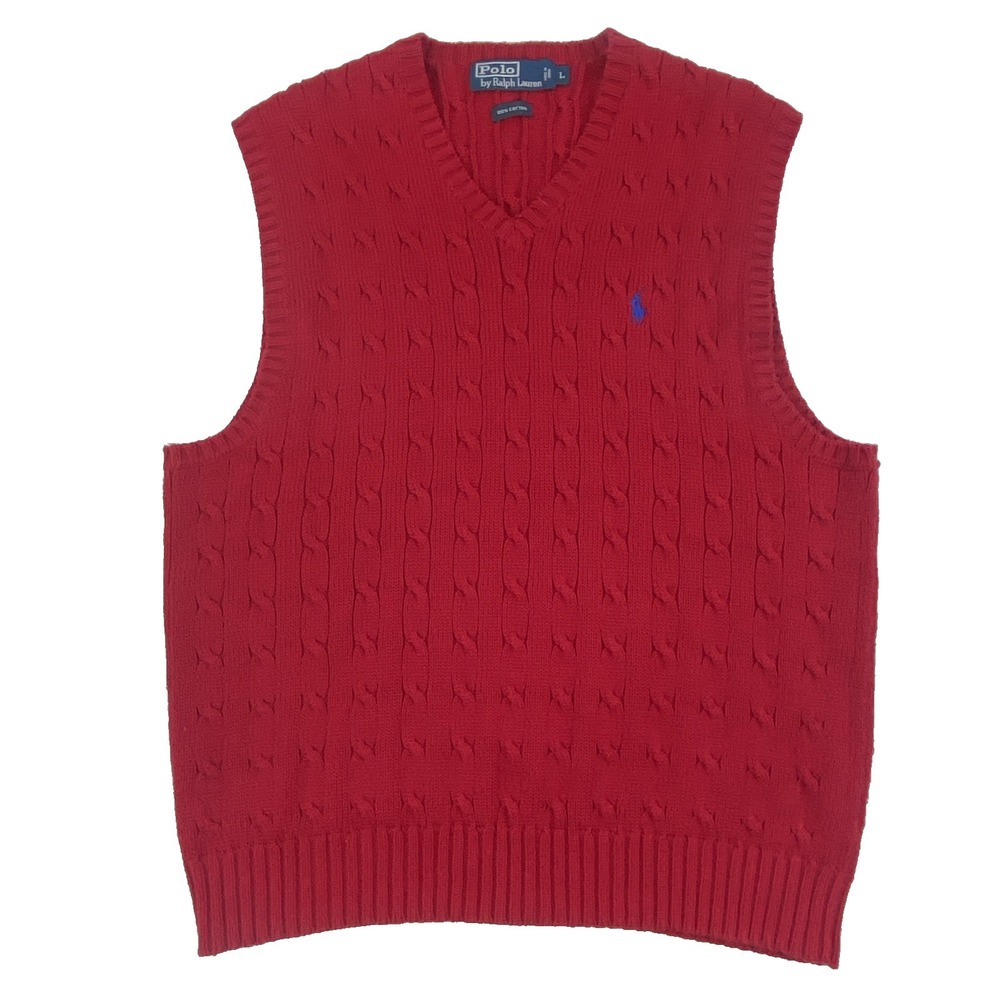 Vtg‎ Polo Ralph Lauren Men L Red Cable Knit Sweater Vest Cotton Y2K Grandpa Logo